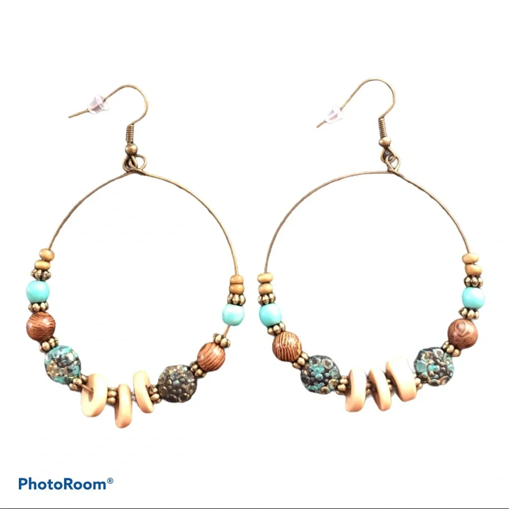 NWT Boho Desert Revival Antiqued Gold Tone Beaded Hoops